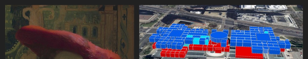 A slide showing a painting next to a virtual map version of the museum's galleries