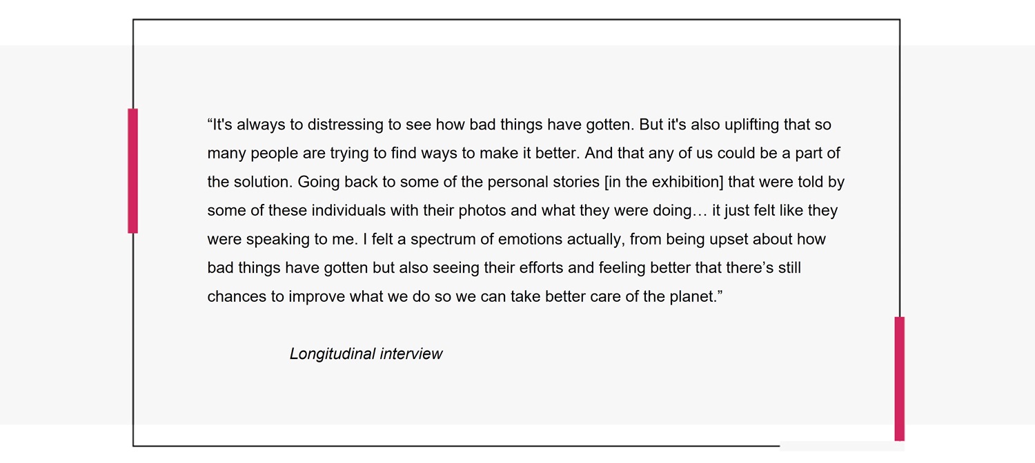 Figure 6 shows a quote from a Longitudinal interview, "It's always to distressing to see how bad things have gotten. But it's also uplifting that so many people are trying to find ways to make it better. And that any of us could be a part of the solution. Going back to some of the personal stories [in the exhibition] that were told by some of these individuals with their photos and what they were doing... it just felt like they were speaking to me. I felt a spectrum of emotions actually, from being upset about how bad things have gotten but also seeing their efforts and feeling better that there's still changes to improve what we do so we can take better care of the planet."