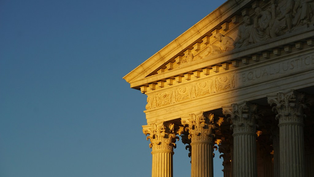 The front facade of the Supreme Court of the United States in Washington DC