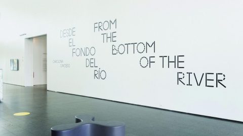 Interior of the Museum of Contemporary Art Chicago with the exhibition title 'Carolina Caycedo: From the Bottom of the River' displayed in large letters on a white wall, in both Spanish and English. A gray, wavy bench is in the foreground.