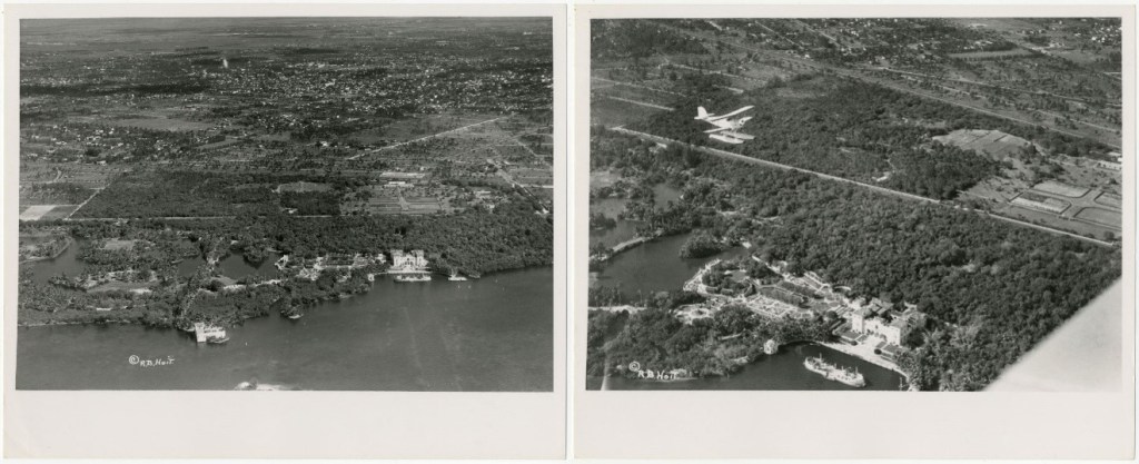 The aerial photographs show a house on the edge of a body of water.