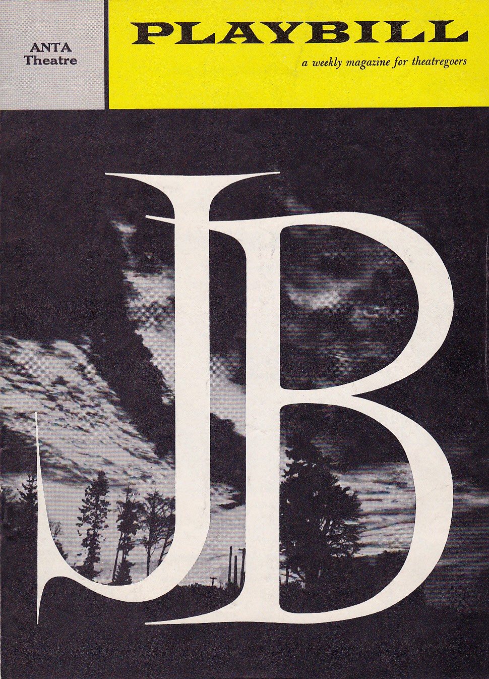 A Broadway playbill with the letters "JB" in white text on a black background.