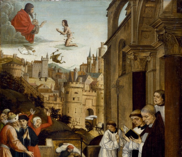 A crowd attends to and prays over bodies wrapped in sheets, while a saint is seen kneeling before a religious deity in the sky in the background.