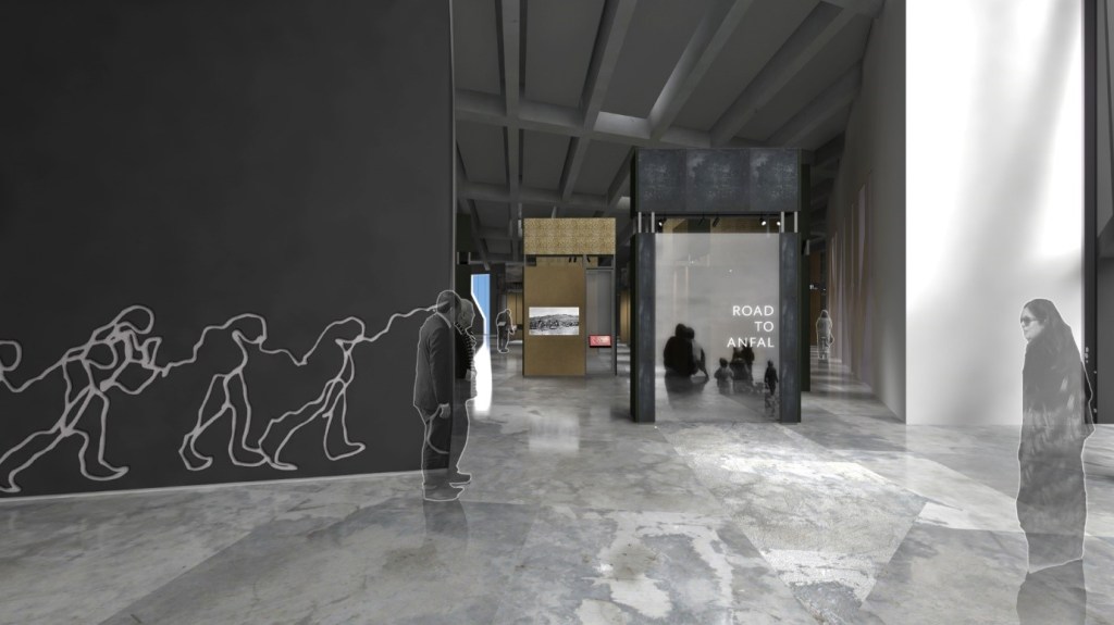 A rendering of the museum's permanent exhibition shows hypothetical visitors entering a gallery with the title "The Road to Anfal." A line drawing of a procession of people runs along to wall leading in, and screens inside the exhibition shows projections of Kurdish scenes.
