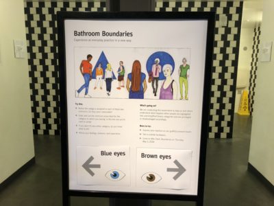 A bathroom sign showing various types of people and suggestions for which bathroom to use suggesting that blue eyed people go to the left and brown eyed people go to the right.