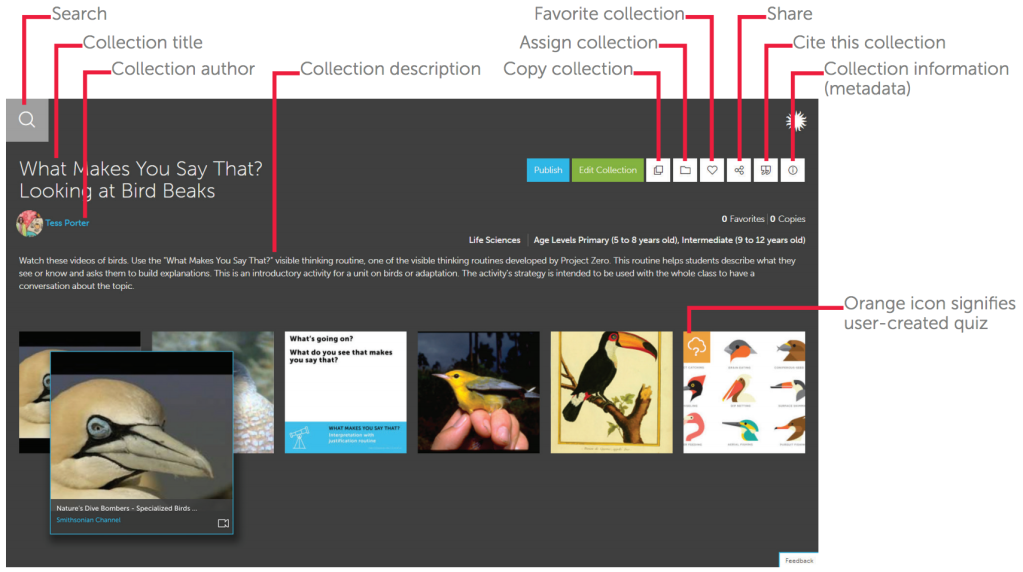 Screenshot of the Smithsonian Learning Lab collection of resources with tags to show what the different areas of the page are.