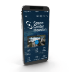 A cellphone standing in a white space with the Space Center Houston website on its screen. 