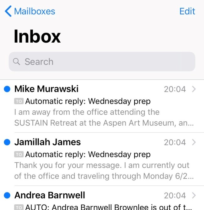 The email inbox on an iPhone shows three emails: One from Mike Murawski with the subject line "Automatic reply Wednesday prep" and the preview text "I am away from the office attending the SUSTAIN Retreat at the Aspen Art Museum, an...", one from Jamillah James with the subject line "Automatic reply: Wednesday prep" with the preview text "Thank you for your message. I am currently out of the office and traveling through Monday 6/2...," and one from Andrea Barnwell with the subject "AUTO: Andrea Barnwell Brownlee is out of t..." and the preview text "I am out of the office from Wed 06/13/2018 until Mon 06/25/2018...."
