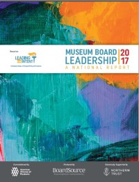 Image of the cover of Museum Board Leadership. A colorful image of greens, purple and orange swaths of color.