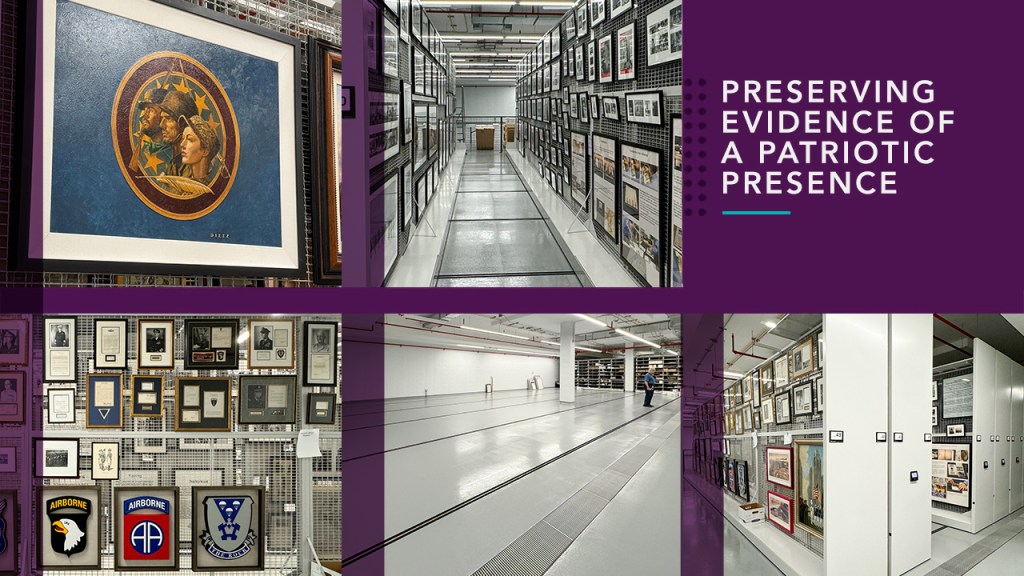 A composite of images showing military artifacts in storage, with the header text "Preserving Evidence of a Patriotic Presence"