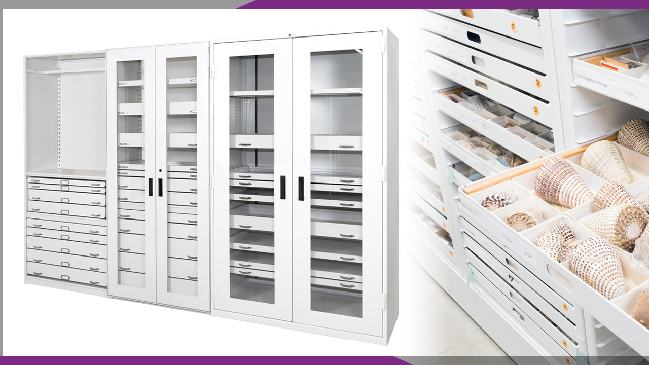 A composite image showing storage shelving units empty and with objects inside them