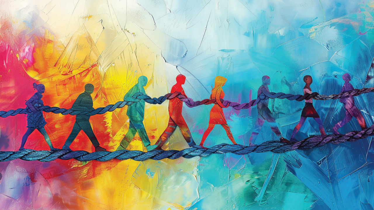 An illustration of people walking arm in arm across a rainbow-colored background