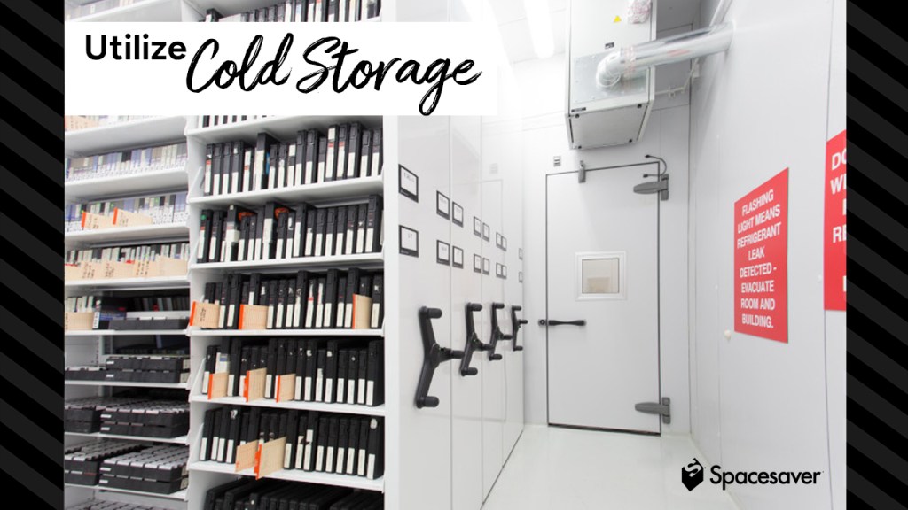 View looking at a set of compact collections cold storage cabinets.