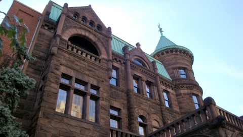 Exterior of the Heurich House: a red brick 1890s era mansion.