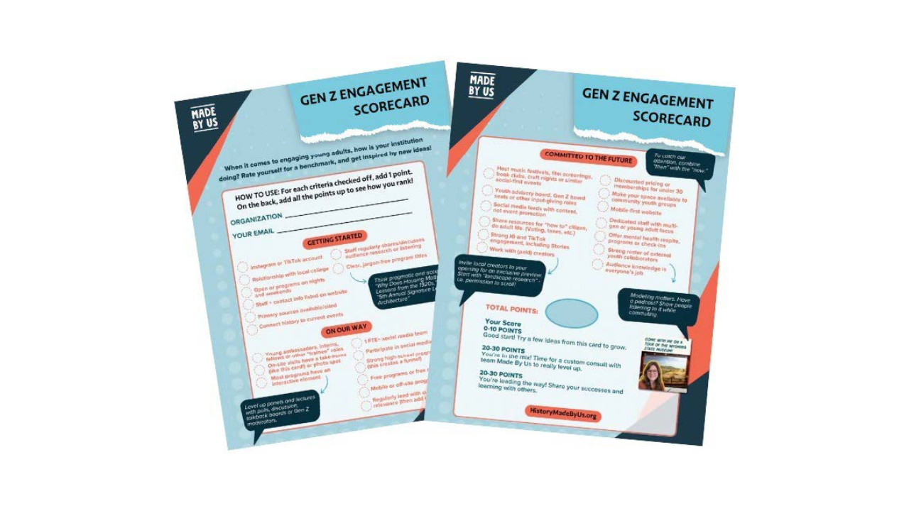 A graphic of two "gen Z engagement scorecards" with a survey to fill out