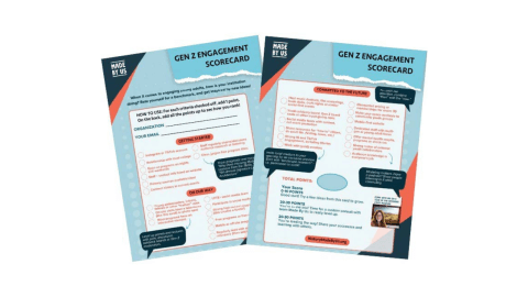 A graphic of two "gen Z engagement scorecards" with a survey to fill out