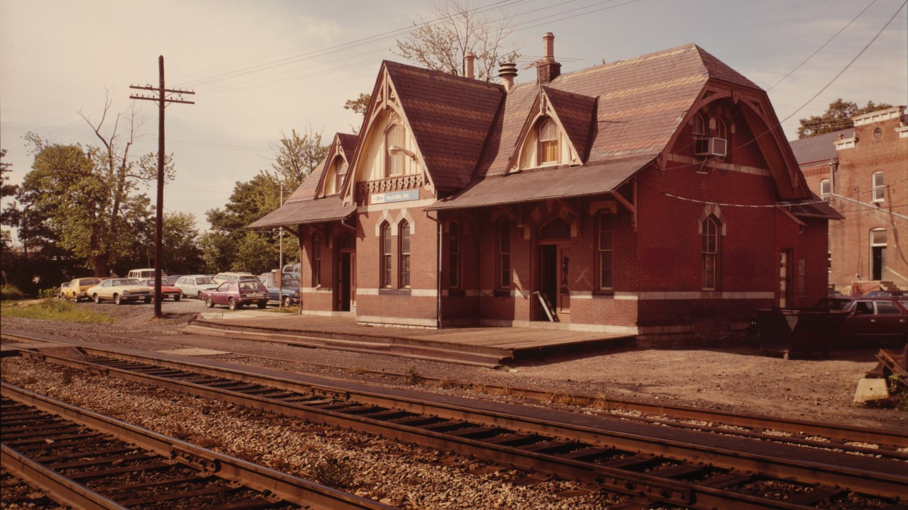 Archival photo of a railroad station.