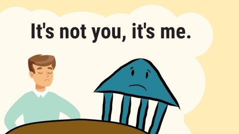 Graphic of a person next to museum with text "It's not you, it's me."