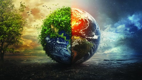 Stock illustration of a swirling earth, one side is heating/looks hot and the other side covered in greenery.