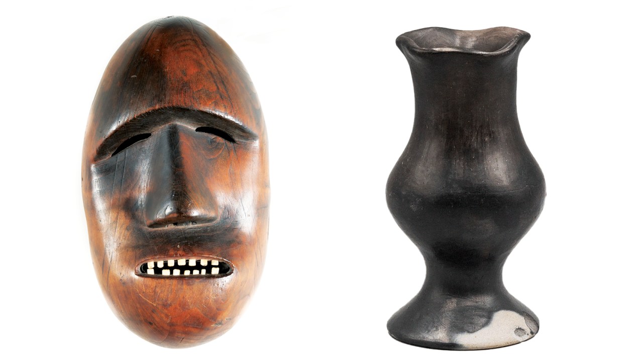 Indigenous art: a ceremonial mask and a black clay pottery/vase