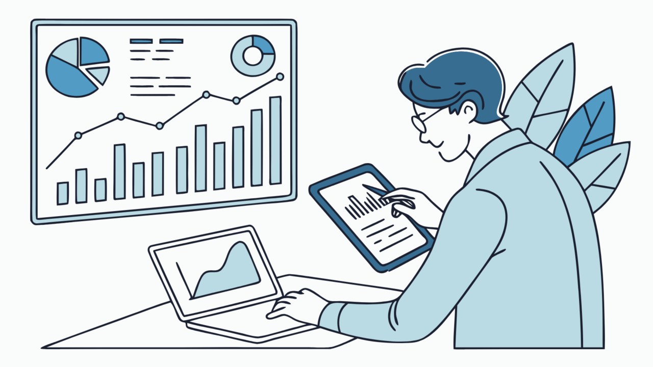 An illustration of a person looking at charts on various devices
