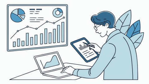 An illustration of a person looking at charts on various devices