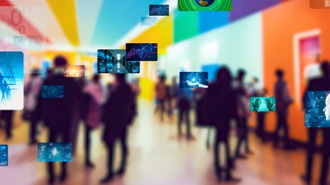 A blurry image of visitors in a museum gallery with digital images superimposed over it