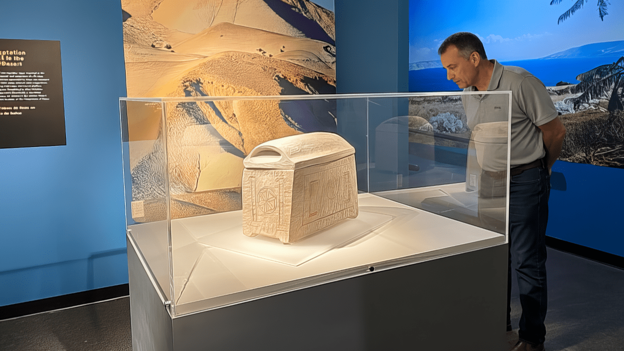 A man stands next to a vitrine covered case with an ancient stone block inside. 