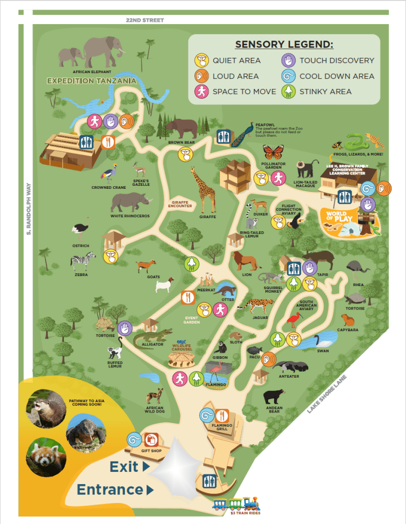 Graphic map of Reid Park Zoo that alerts visitors to the amenties available and to sensory-intense areas.