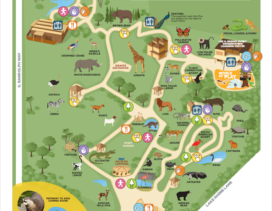 Graphic map of Reid Park Zoo that alerts visitors to the amenties available and to sensory-intense areas.