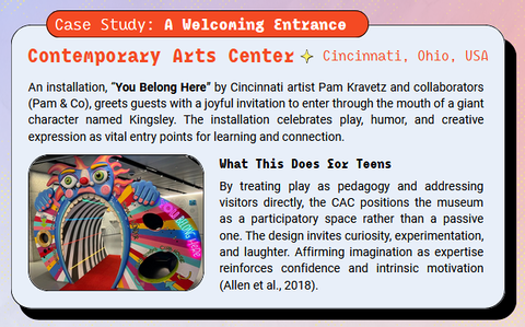 Case Study about Contemporary Arts Center in Cincinnati. An installation at the museum asks visitors to enter through the mouth of a giant character.