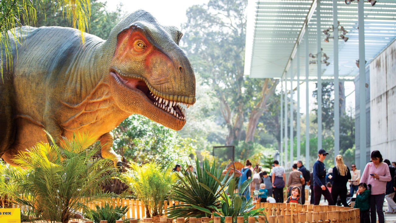 A large t-rex display in an outdoor exhibit area with visitors passing by,