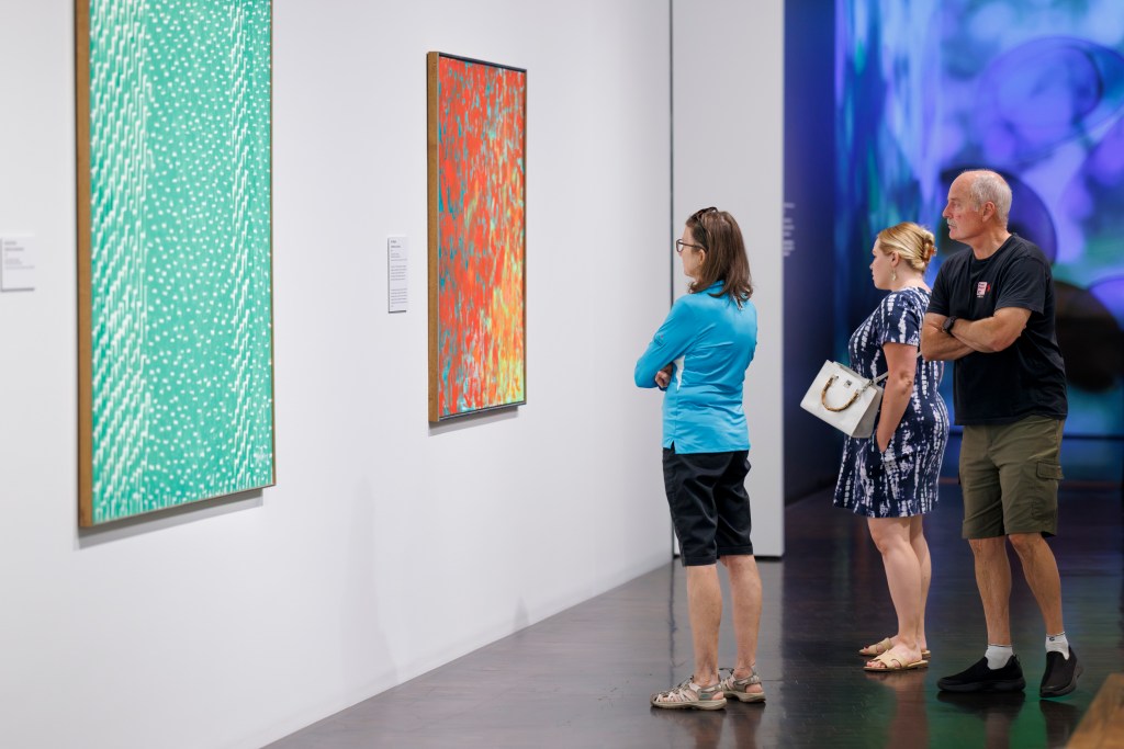 Two women and one man look at two abstract paintings hung on a white gallery wall in a museum. Behind them, another wall is lit up with colorful projections in shades of purple, blue, and aqua.