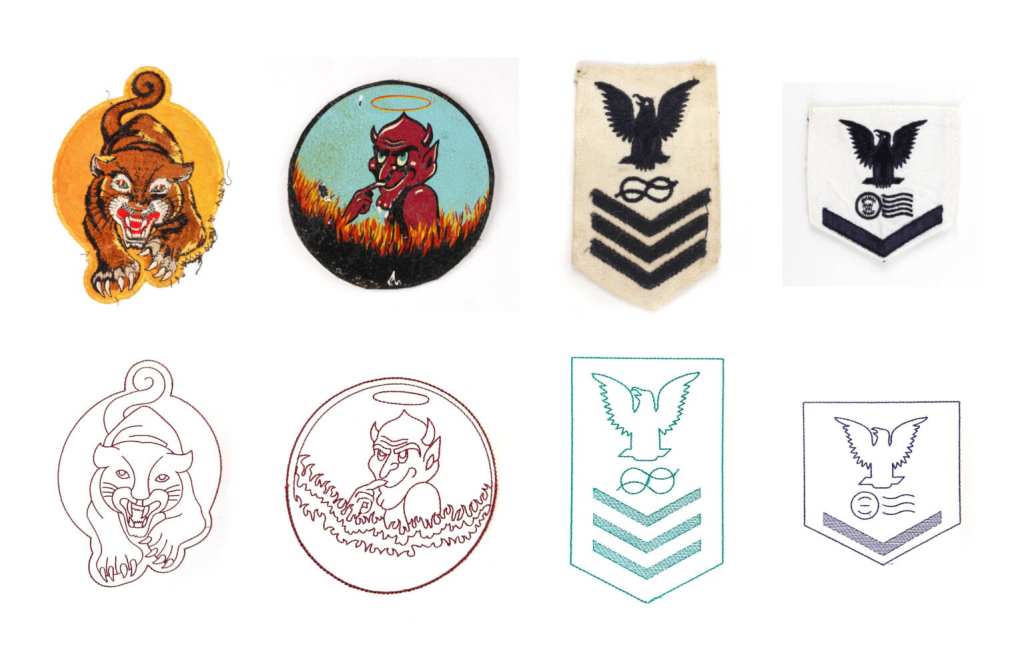 An image with two rows of patches. The top row contains four historic patches that could be affixed to clothing: a pouncing, growling tiger on a yellow ground, a red devil with horns and a halo sitting in fire against a blue sky, a black-and-white patch showing an eagle over a knot over a triple chevron, and a similar, updated patch showing an eagle over a stylized flag over a single chevron. The bottom row shows how each patch has been turned into a tactile graphic with raised edges for visitor engagement.