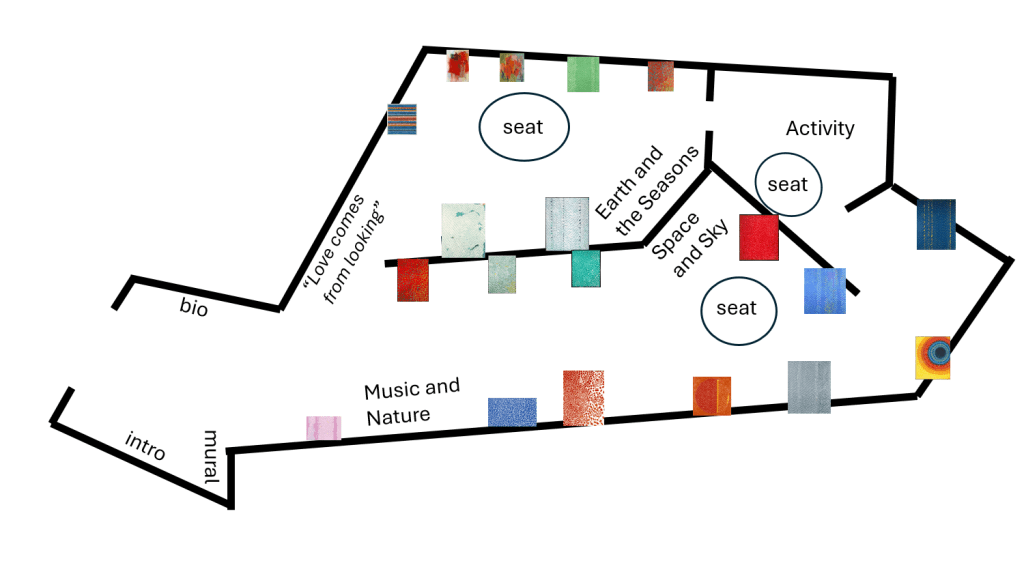 Floorplan of the galleries at the DAM where the Alma Thomas show was exhibited. The floorplan includes thumbnail images of the paintings in the show and also indicates the placement of wall texts, murals, quotes, three seating areas, and an interactive activity.