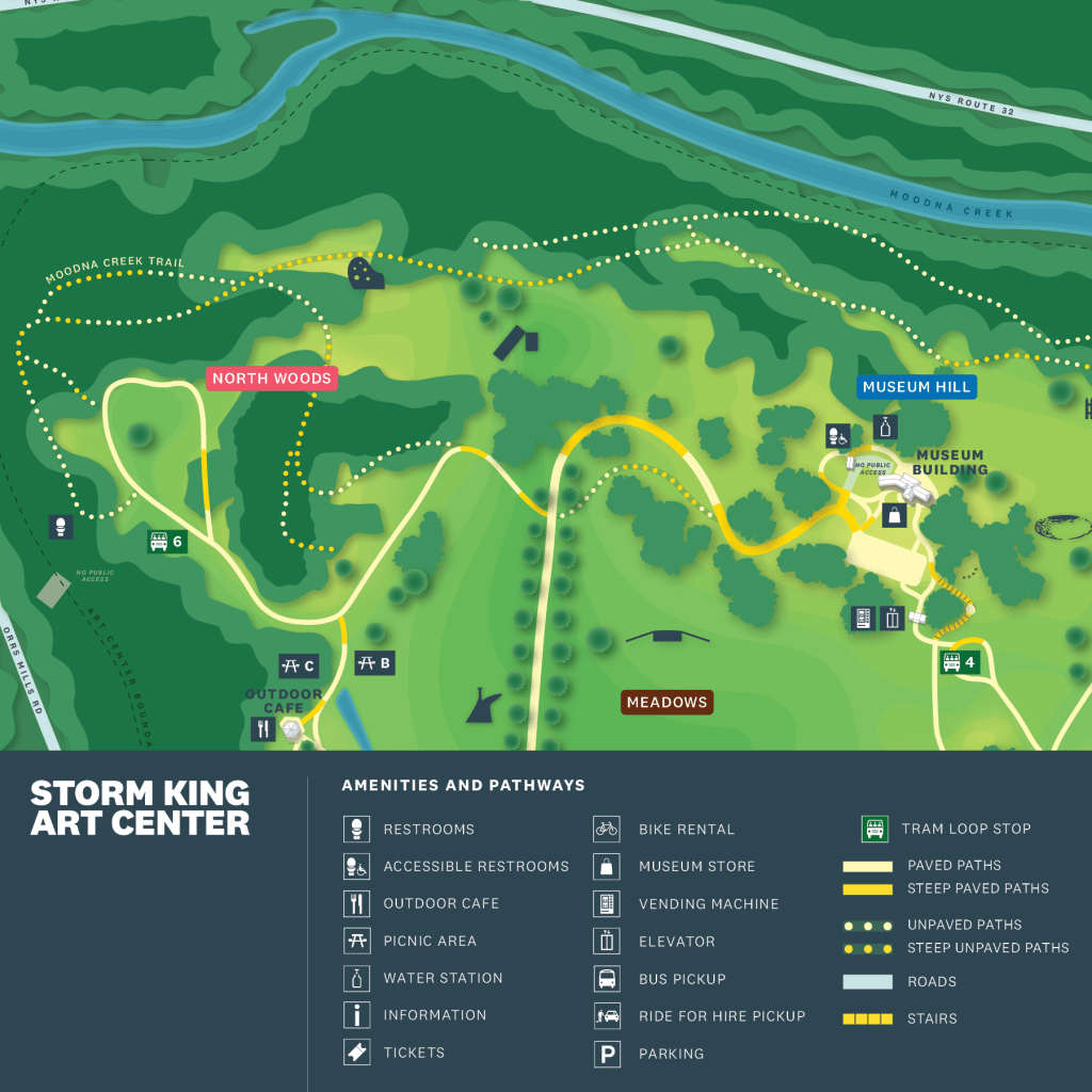 Graphic map of Storm King Art Center that alerts visitors to the amenties available and to areas of steep, uneven, and difficult terrain.