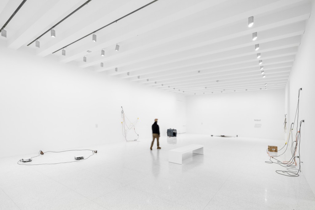 A visitor walks through the Paul Chan: Breathers exhibition at the Walker.