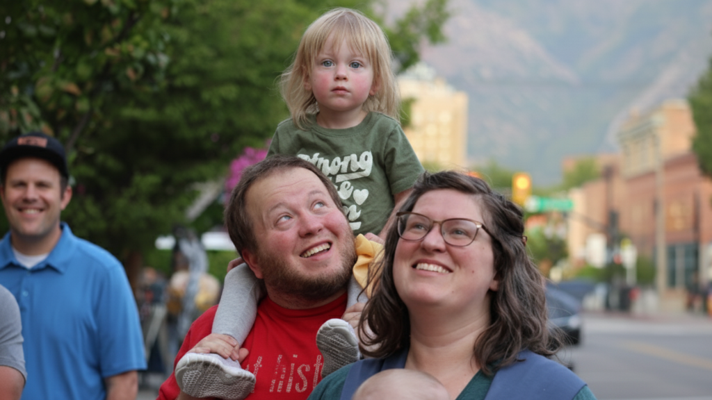 A family on a street in Utah. A child sits on their father's shoulders.