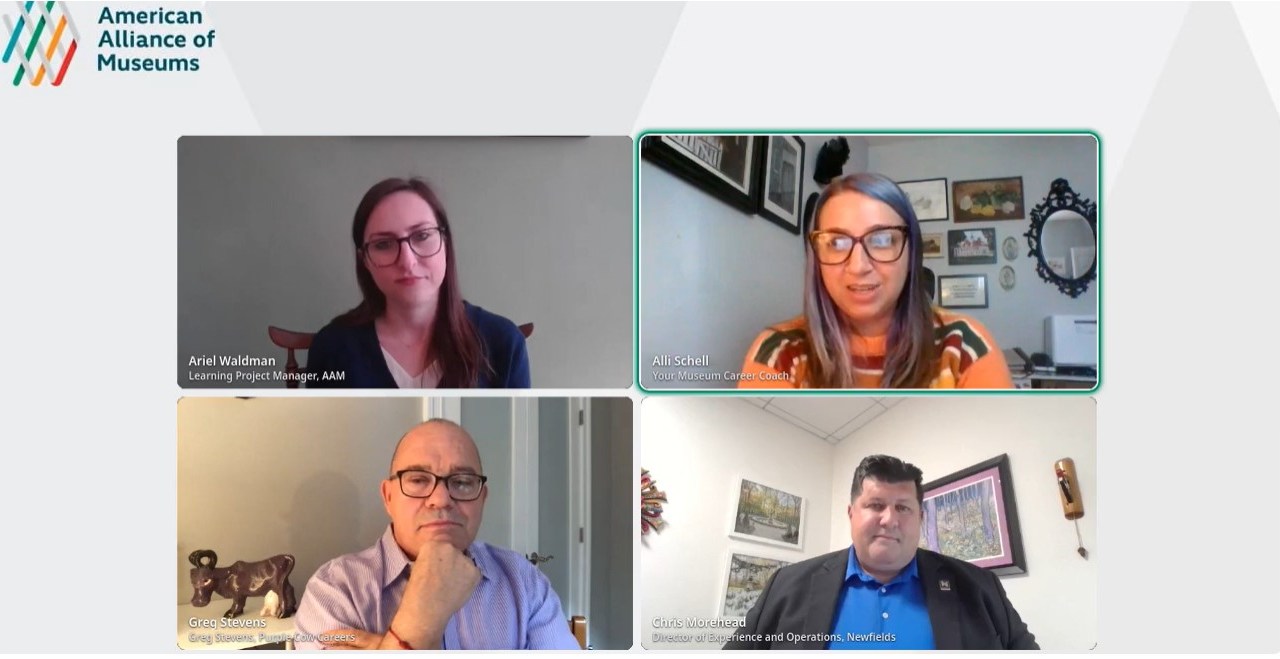 Screenshot of the four speakers from the Insights into Making Museum Career Moves webinar.