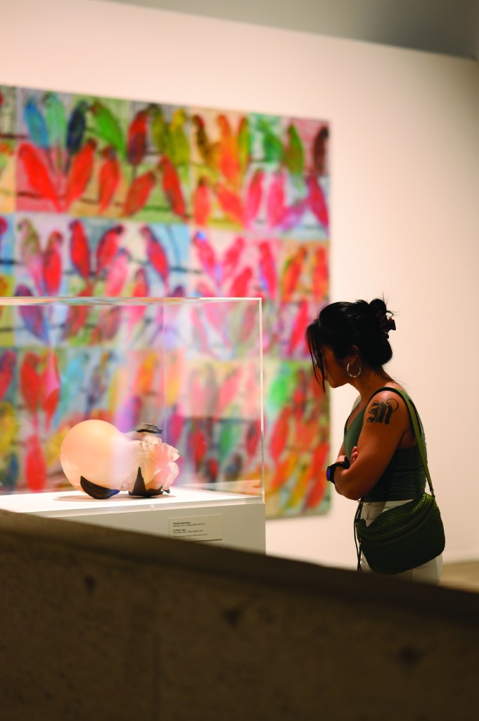 Same image as the header, but zoomed out. A person looks at a sculpture in a glass case.