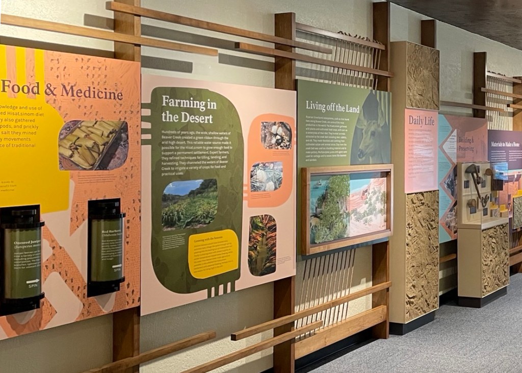 A view into the finished exhibition at Motezuma's Castle. Didactic panels are displayed from wooden lattice that runs parallel to the gallery walls. Each panel combines highly legible text with photographs and tactile or other interactive elements. For example, the panel in the left foreground, titled "Food & Medicine" features two green cylinders that visitors can spin to learn more about specific ingredients. The panels vary in height, ensuring that text, interactives, and objects are displayed at a variety of heights for guests of all ages and statures.