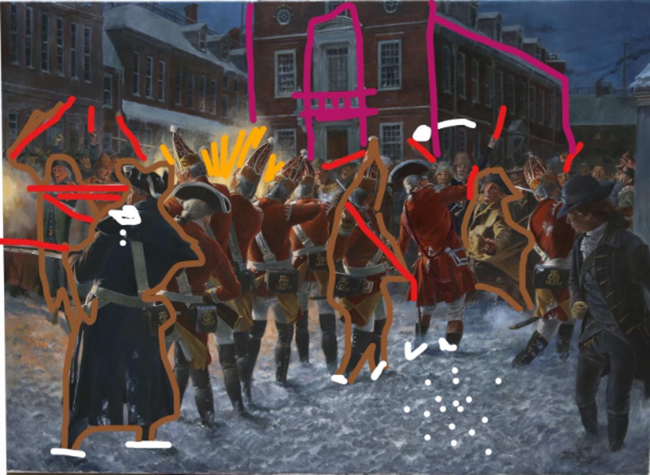 Red, pink, brown, and white lines appear on top of a reproduction of Don Troiani's painting, The Boston Massacre, March 5, 1770. The lines indicate the details that curatorial and education staff want to highlight in a touchable graphic they are creating to help visitors interpret this work of art.