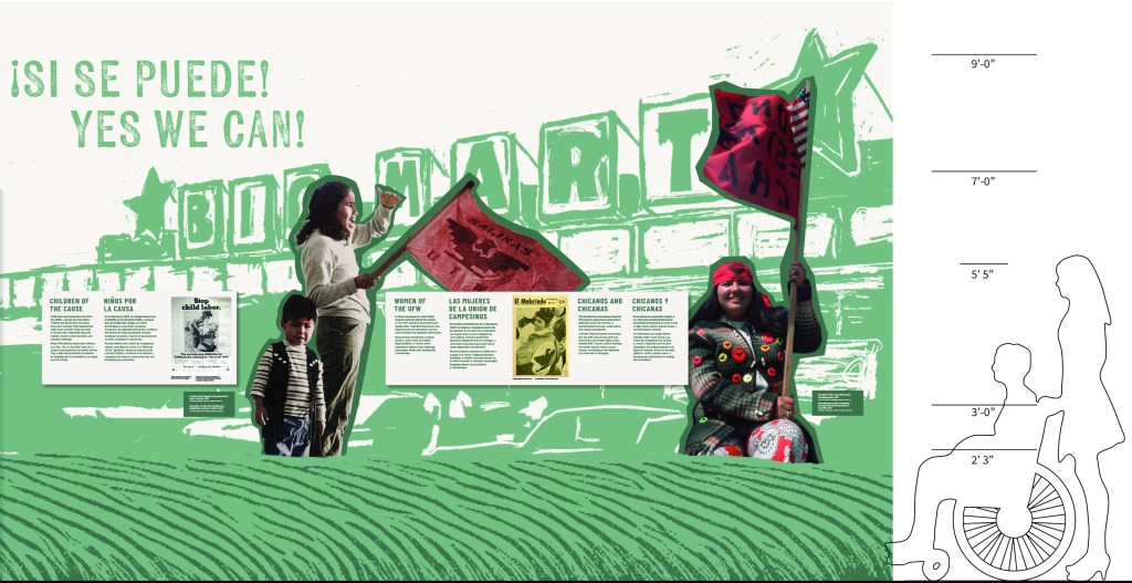 A design elevation shows another mural from the César E. Chávez National Monument. This graphic mural is green and white with photographic cutouts of two women, one who appears with a child, waving protest flags. Didactic panels appear overlaid with the mural, showing how designers have used a condensed font to fit longer titles while still ensuring the accessibility of the text. To the right of the rendering, a silhouette of two figures, one standing and one sitting in a wheelchair, appears with height indications, showing how placement of the didactic panels was maximized for all visitors.