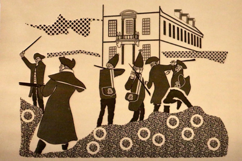 Tactile reproduction of Don Troiani's The Boston Massacre, March 5, 1770. The graphic features raised areas calling attention to the soldiers in the foreground, building in the background, and atmospheric details like the gun smoke and snow-covered ground.

