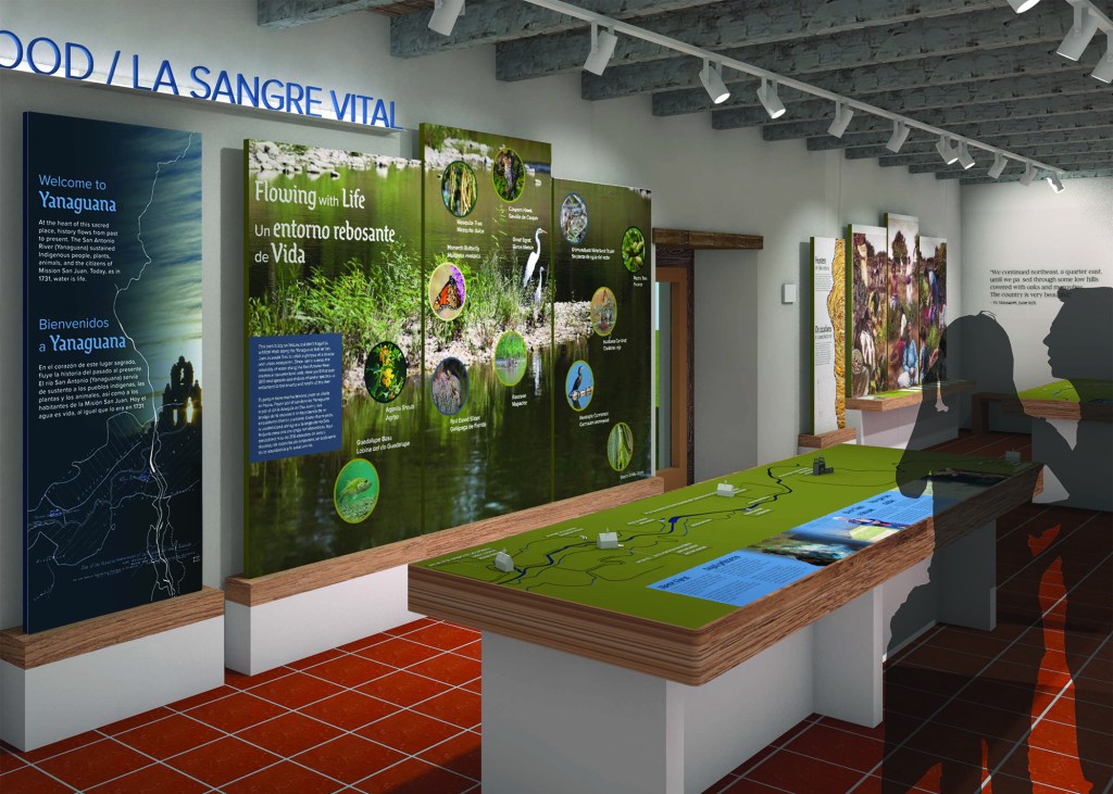 Design rendering of the new visitor center exhibits at Mission San Juan. Educational panels in English and Spanish share information about water and the local environment. In the center of the space, a table-top 3D map shows the location of mission buildings along the river. Silhouetted visitors give a sense of scale.
