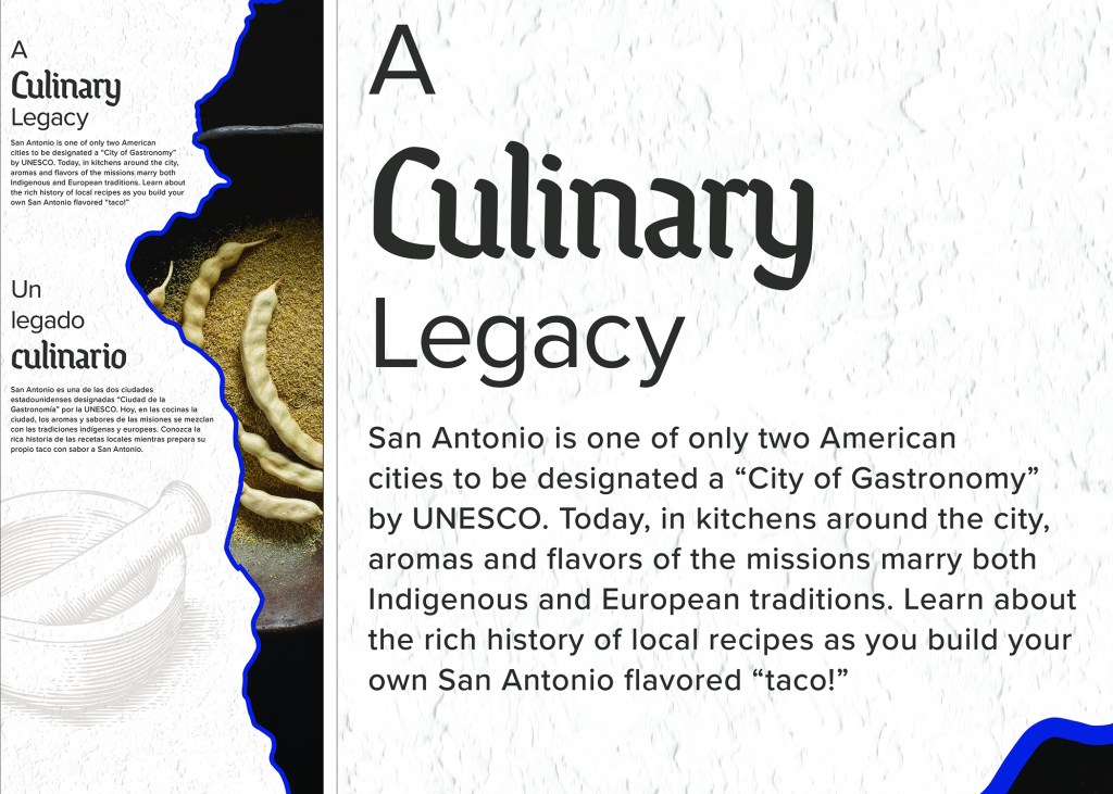 Informational display about San Antonio's culinary legacy shows how designers have overlaid text and texture in an accessible way.