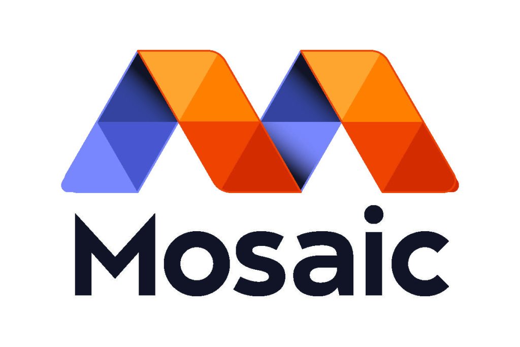 A wide large purple and orange capital M on a white background constructed from 13 equilateral triangles sits atop the word "Mosaic" in black text.