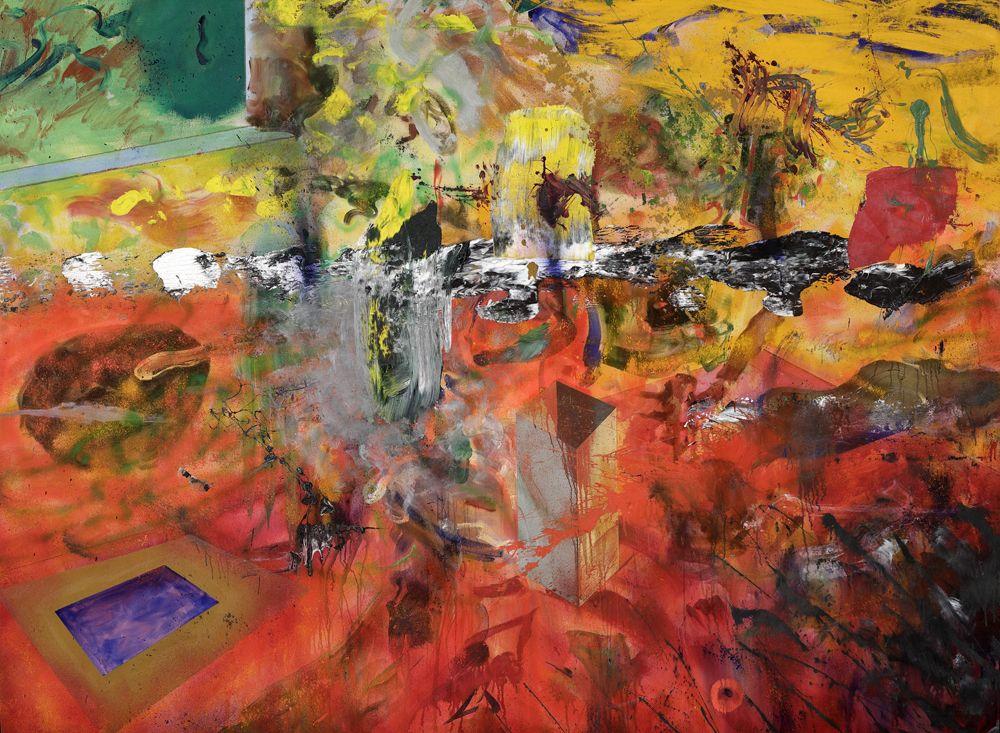 An image of a colorful, abstract painting by American artist Jack Whitten. The work features geometric shapes and gestural strokes and dribbles of paint on a rectangular canvas. The bottom two-thirds of the rectangle is dominated by shades of red, with black, purple, and yellow accents. A thickly painted white and black horizontal line separates this portion from the top third, which is predominately painted in yellows and greens. To hear the LUAG's detailed visual description of this work, click the link in the caption.