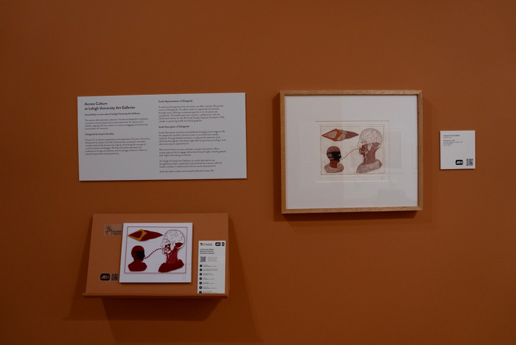 A view into a museum gallery showing the installation of Joaquín González's Dialogando with its accompanying accessible interpretation. The work hangs on a burnt-orange wall. A white label hangs next to it and above a slanted mount that holds the tactile graphic of the artwork and a QR code with the visual description.
