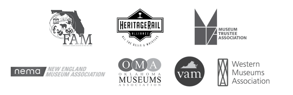logos of: Florida Association of Museums, HeritageRail Alliance, Museum Trustee Association, New England Museum Association, Oklahoma Museums Association, Virginia Association of Museums, and Western Museums Association